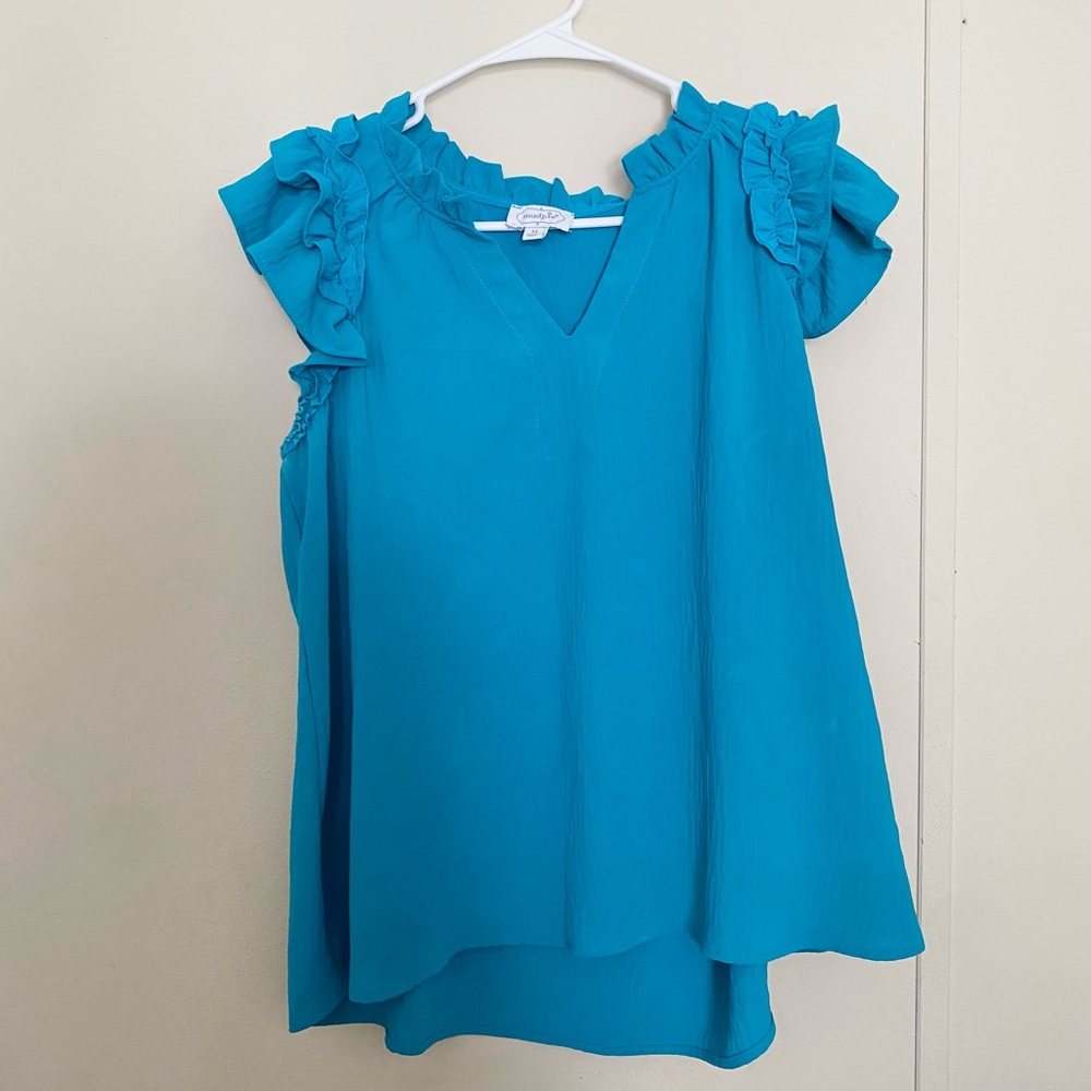 Mud Pie Bright Teal Ruffle Sleeve V-Neck Camisole